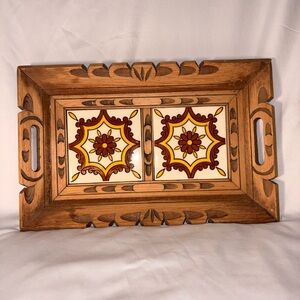 Vintage Wooden Tile Inlay Serving Tray | Rustic Boho Farmhouse Decor